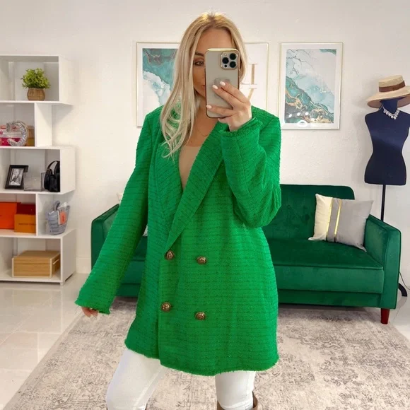 Zara Tweed Green Double Breasted Jacket - Picture 4 of 7
